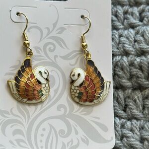 Cloisonne Dangle Swan earrings white with colorful feathers gold tone